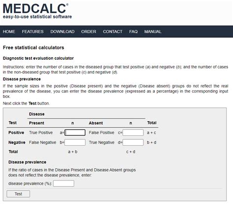 MedCalc's Diagnostic test evaluation calculator.